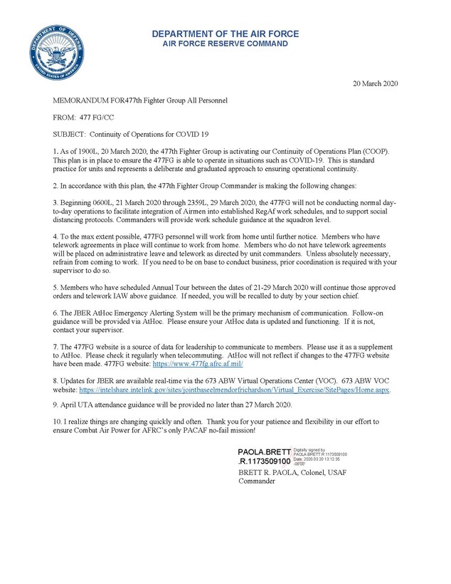 A copy of the 477th Continuity of Operations Plan (COOP).