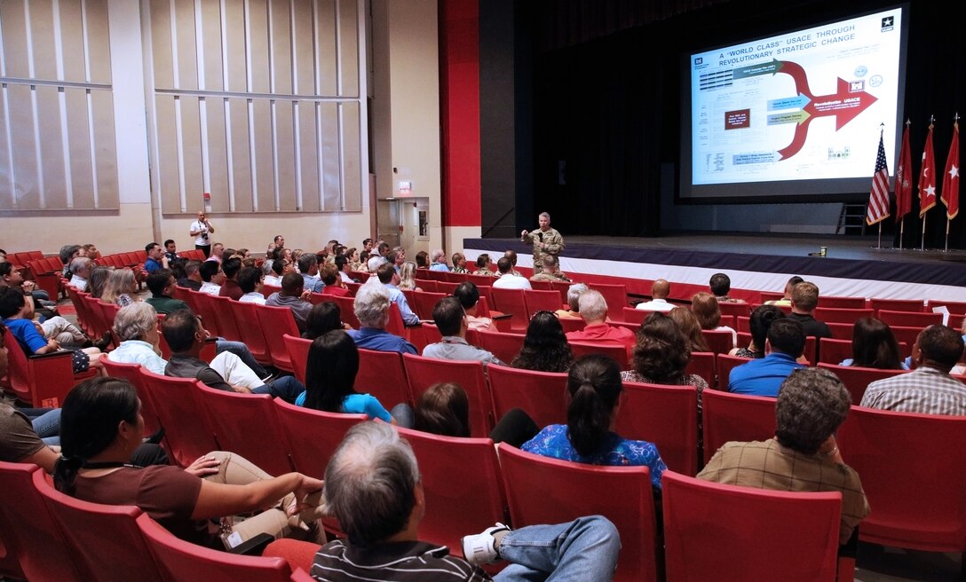 FORT SHAFTER, Hawaii (March 4, 2020) -- Lt. Gen. Todd T. Semonite, USACE Commanding General and 54th U.S. Army Chief of Engineers spoke to more than 250 Pacific Ocean Division and Honolulu District employees during a joint town hall March 4 at Fort Shafter’s Richardson Theater.