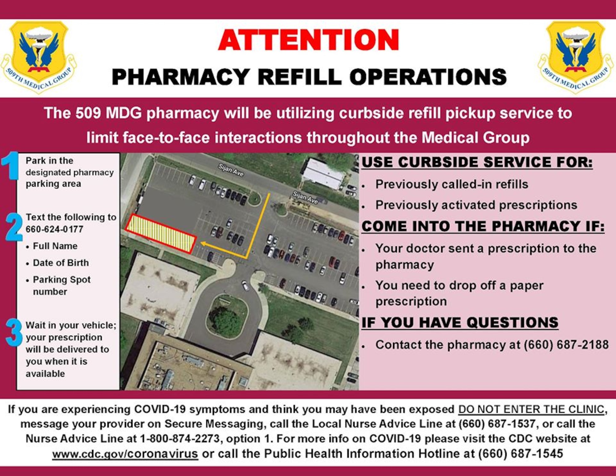 The 509th Medical Group The medical group’s pharmacy implemented curbside pickup pharmacy procedures. The new service allows individuals with called-in refills and activated prescriptions to park in a designated parking spots and have their prescriptions delivered to the car. This procedure is part of the effort to limit visiting the facility at Whiteman Air Force Base, Missouri, March 20, 2020. (U.S. Air Force courtesy graphic)