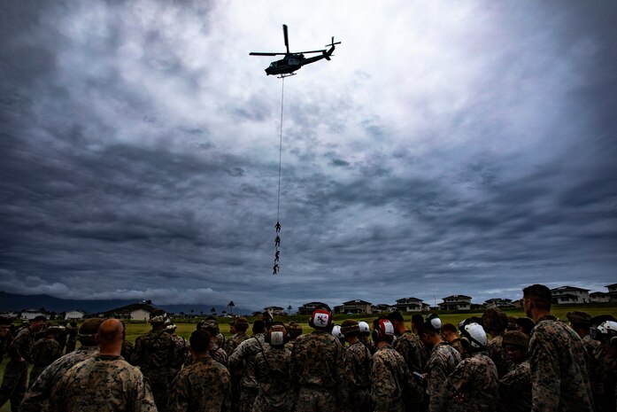 U.S. Service members from across Hawaii conduct special-patrol insertion and extraction rigging drills under the instruction of helicopter rope suspension techniques instructors with expeditionary operations training group, III Marine Expeditionary Force at Landing Zone Eagle, Marine Corps Base Hawaii, Mar. 19, 2020. SPIE rigging and rappelling techniques are used to rapidly insert and extract Marines when a landing zone is unavailable. (U.S. Marine Corps photo by Sgt. Alex Kouns)