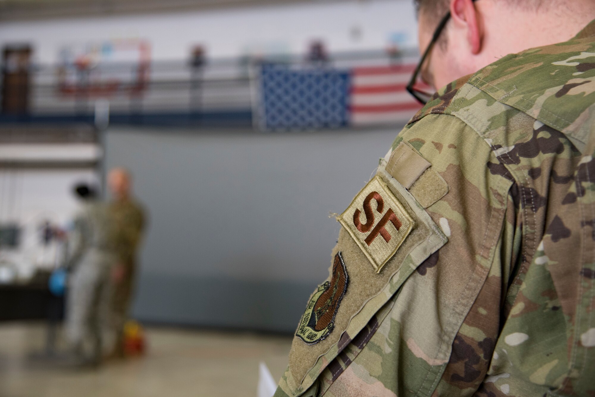 Close-up photo a Security Forces patch on an Airman.
