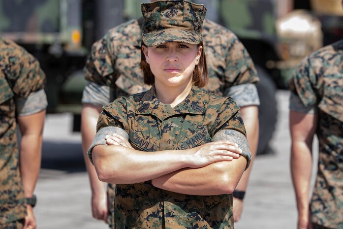 U.S. Marine Corps 1st Sgt. Jessica S. Davila, with Headquarters and Service Company, Combat Logistics Battalion 2, Combat Logistics Regiment 2 poses for a photo on Camp Lejeune, North Carolina, March, 18, 2020. 2nd MLG is honoring the many women who play an essential part to the success of the mission during March for Women’s History Month. (U.S. Marine Corps photo by Lance Cpl. Scott Jenkins)