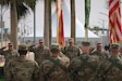 From left, Col. Theresa Rusin and Cmd. Sgt. Maj. John DeMarco of the 655th Regional Support Group, and Col. Derek Ulehla and Cmd. Sgt. Maj. James Marsh of the 301st Maneuver Enhancement Brigade. On Sunday, the 655th RSG of Westover Air Reserve Base, Massachusetts, transferred authority of Area Support Group-Jordan to the 301st Maneuver Enhancement Brigade of Joint Base Lewis McChord, Washington. The 301st MEB joined the 1st Squadron, 303rd Cavalry Regiment, Washington National Guard, which has been in Jordan since November.