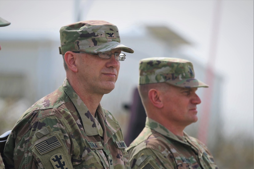 From left, Col. Derek Ulehla and Cmd. Sgt. Maj. James Marsh, command team for the 301st Maneuver Enhancement Brigade. On Sunday, the 655th RSG of Westover Air Reserve Base, Massachusetts, transferred authority of Area Support Group-Jordan to the 301st Maneuver Enhancement Brigade of Joint Base Lewis McChord, Washington. The 301st MEB joined the 1st Squadron, 303rd Cavalry Regiment, Washington National Guard, which has been in Jordan since November.