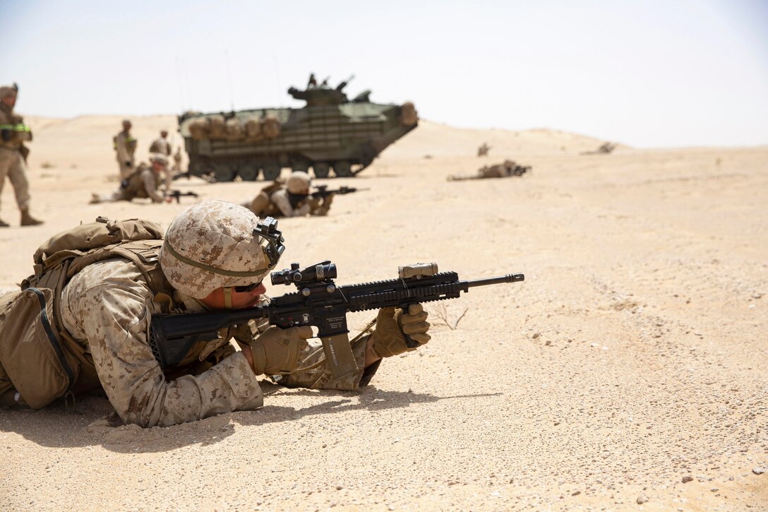 Marines participate in a live fire and maneuver drill in the United Arab Emirates, March 16, 2020, as part of Native Fury, an exercise designed to increase the ability of U.S. forces to plan and conduct complex sea and shore-based operations in response to natural disasters and other contingencies in the region.