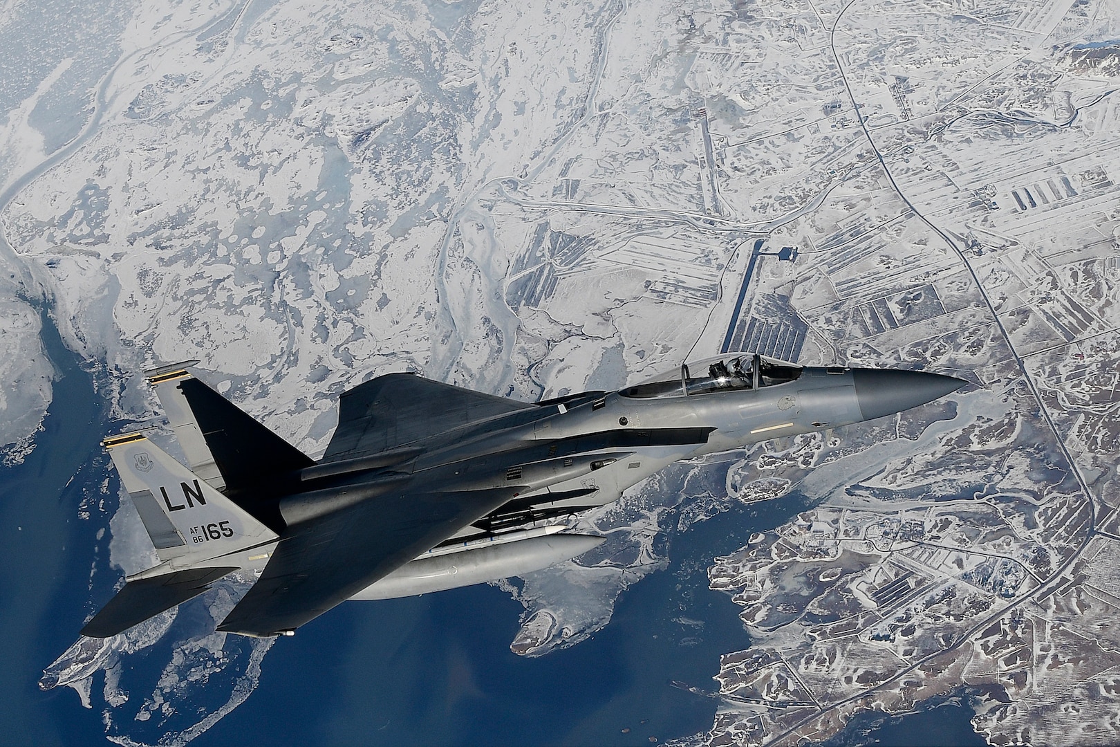 F-15C Eagle assigned to 48th Fighter Wing conducts aerial
operations in support of Bomber Task Force Europe 20-2 over
Keflavik, Iceland, March 16, 2020 (U.S. Air Force/Matthew Plew)