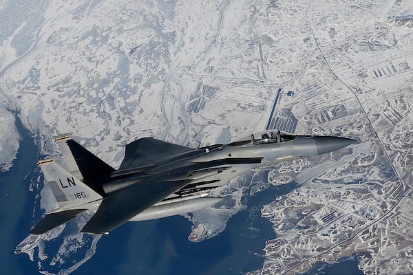 F-15C Eagle assigned to 48th Fighter Wing conducts aerial
operations in support of Bomber Task Force Europe 20-2 over
Keflavik, Iceland, March 16, 2020 (U.S. Air Force/Matthew Plew)