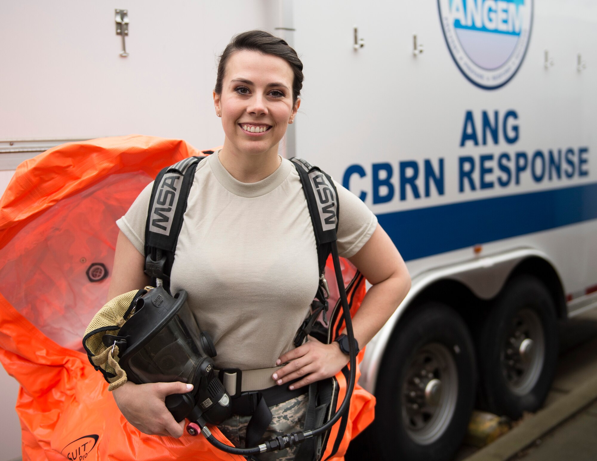 U.S. Air Force Senior Airman Morgan Johnson, an emergency manager with the 133rd Civil Engineer Squadron, poses for a photograph in St. Paul, Minn., March 11, 2020.