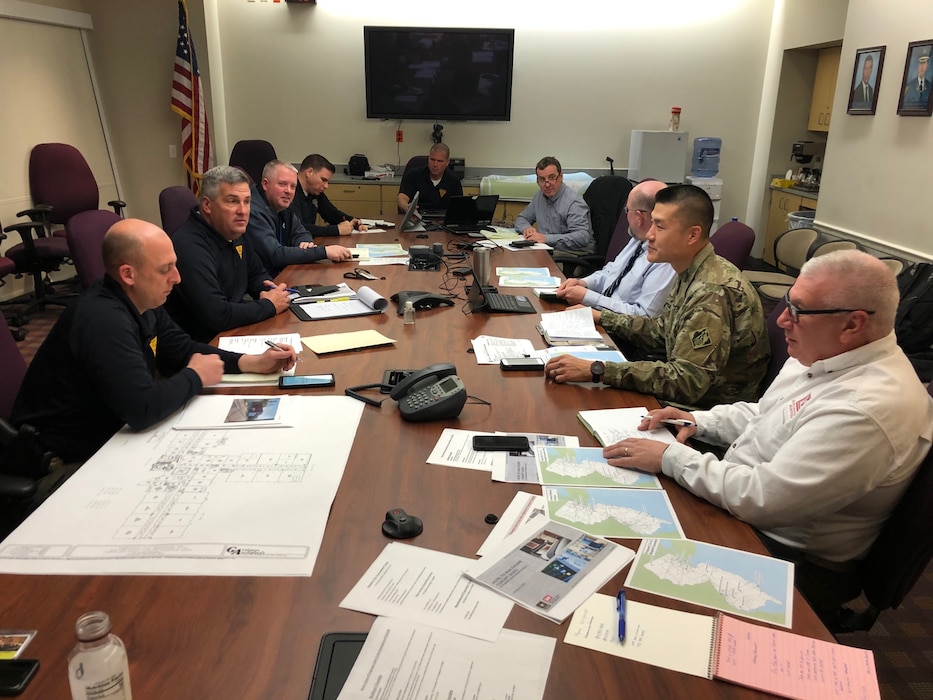 USACE Philadelphia District team members met with officials from New Jersey on Mar. 22, 2020 to discuss the ongoing mission to provide initial planning and engineering support to address possible medical facility shortages in the state as part of the COVID-19 response.