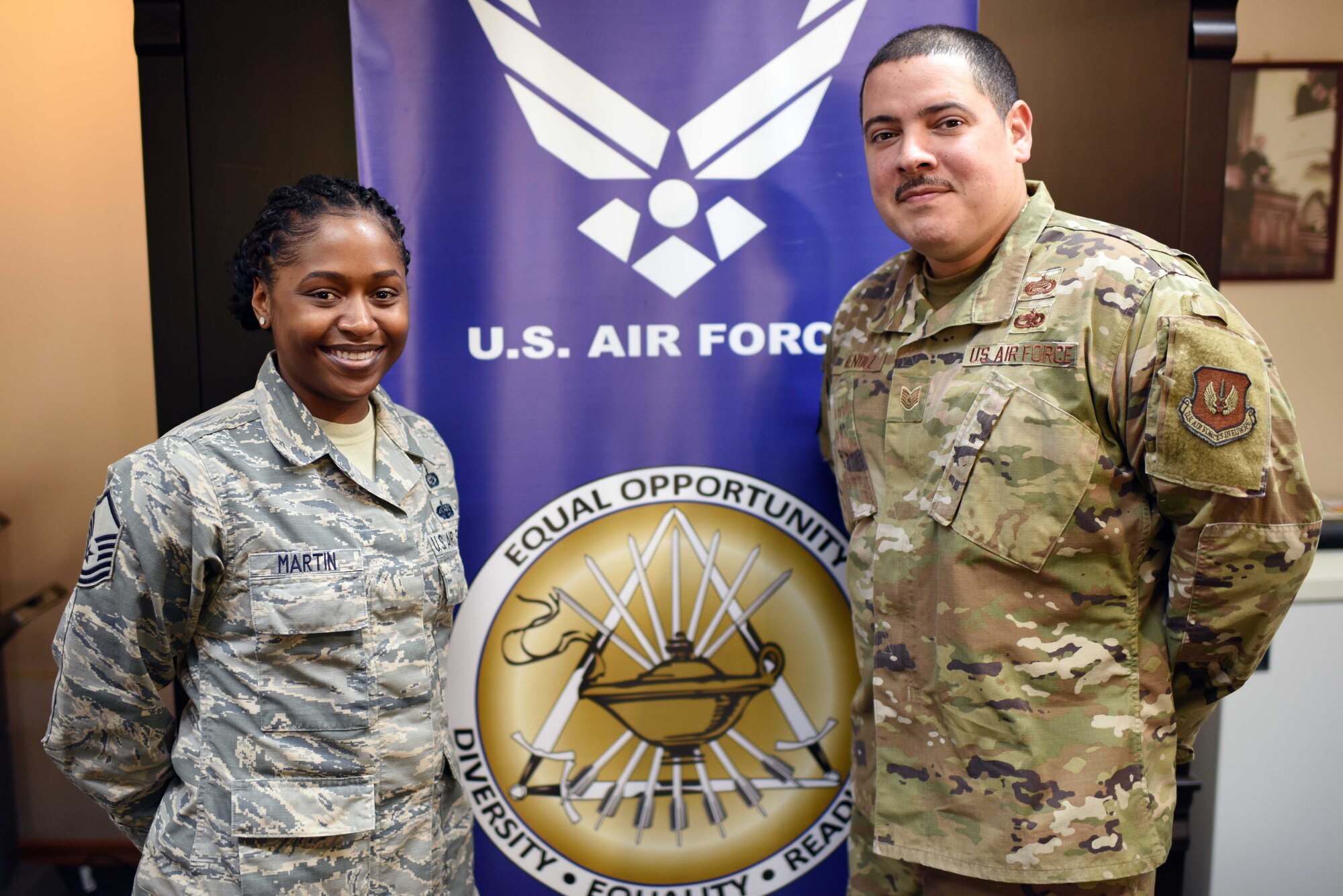 U.S. Air Force Master Sgt. Ashley Martin, 39th Air Base Wing Equal Opportunity director, and U.S. Air Force Tech. Sgt. Daniel Mendez, 39th ABW EO noncommissioned officer in charge, pose for a photo, March 11, 2020, at Incirlik Air Base, Turkey. EO strives to promote an environment free from personal, social or institutional barriers that could prevent Air Force members from rising to their highest potential. (U.S. Air Force photo by Tech. Sgt. Jim Araos)