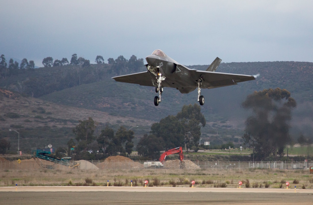 A U.S Marine lands VMFA-314's first F-35C Lightning II on Marine Corps Air Station Miramar, Calif., Jan. 21.