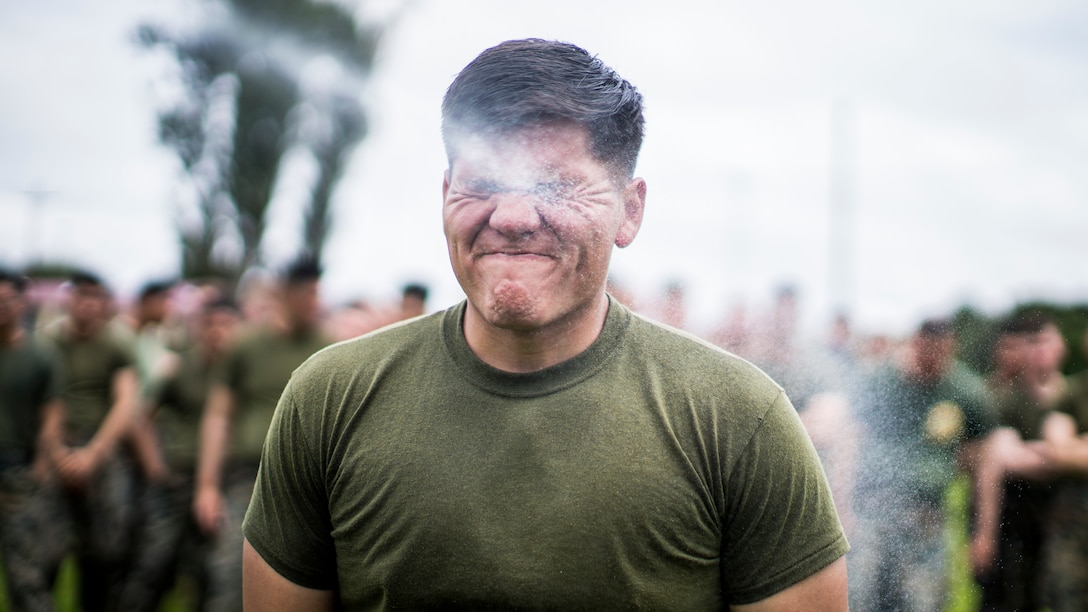 A U.S. Marine is sprayed with oleoresin capsicum during a training course at Marine Corps Base Camp Pendleton, Calif., March 10.