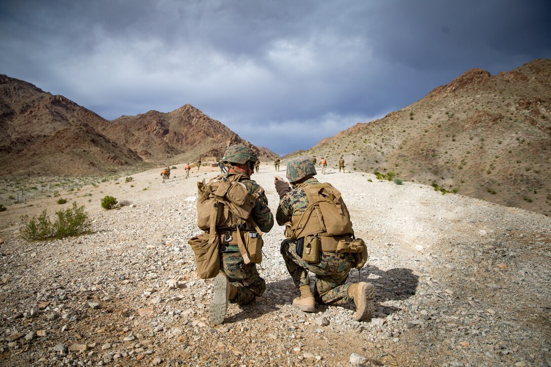 U.S. Marine Corps 2nd Lt. Andrew Foster, left, a platoon commander, and Lt. Col. Clinton Kappel, the battalion commander of 3rd Battalion, 6th Marine Regiment, 2nd Marine Division, discuss suppression tactics during a live-fire and maneuver exercise on Range 400 at Marine Corps Air Ground Combat Center, Twentynine Palms, Calif., March 7, 2020. V36 participated in a new program designed to provide infantry units with additional integrated arms training in Twentynine Palms immediately following Mountain Exercise 2-20 in Bridgeport, Calif. (U.S. Marine Corps photo by Lance Cpl. Jacqueline Parsons)