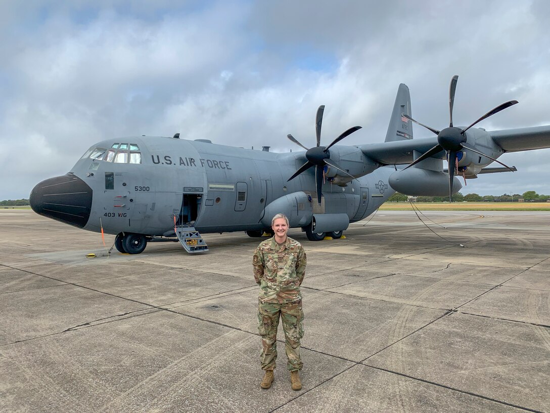 Tech. Sgt. Victoria Kinman is a 403rd Aircraft Maintenance Squadron crew chief and works on the WC-130J Super Hercules aircraft at Keesler Air Force Base, Miss. As of March 20, 2020, Kinman is one of three 403rd Wing female dedicated crew chiefs who have their names displayed on the aircraft. She has supported three hurricane and atmospheric river seasons. She said her favorite part of her career are the opportunities to travel. (U.S. Air Force photo by Tech. Sgt. Christopher Carranza)