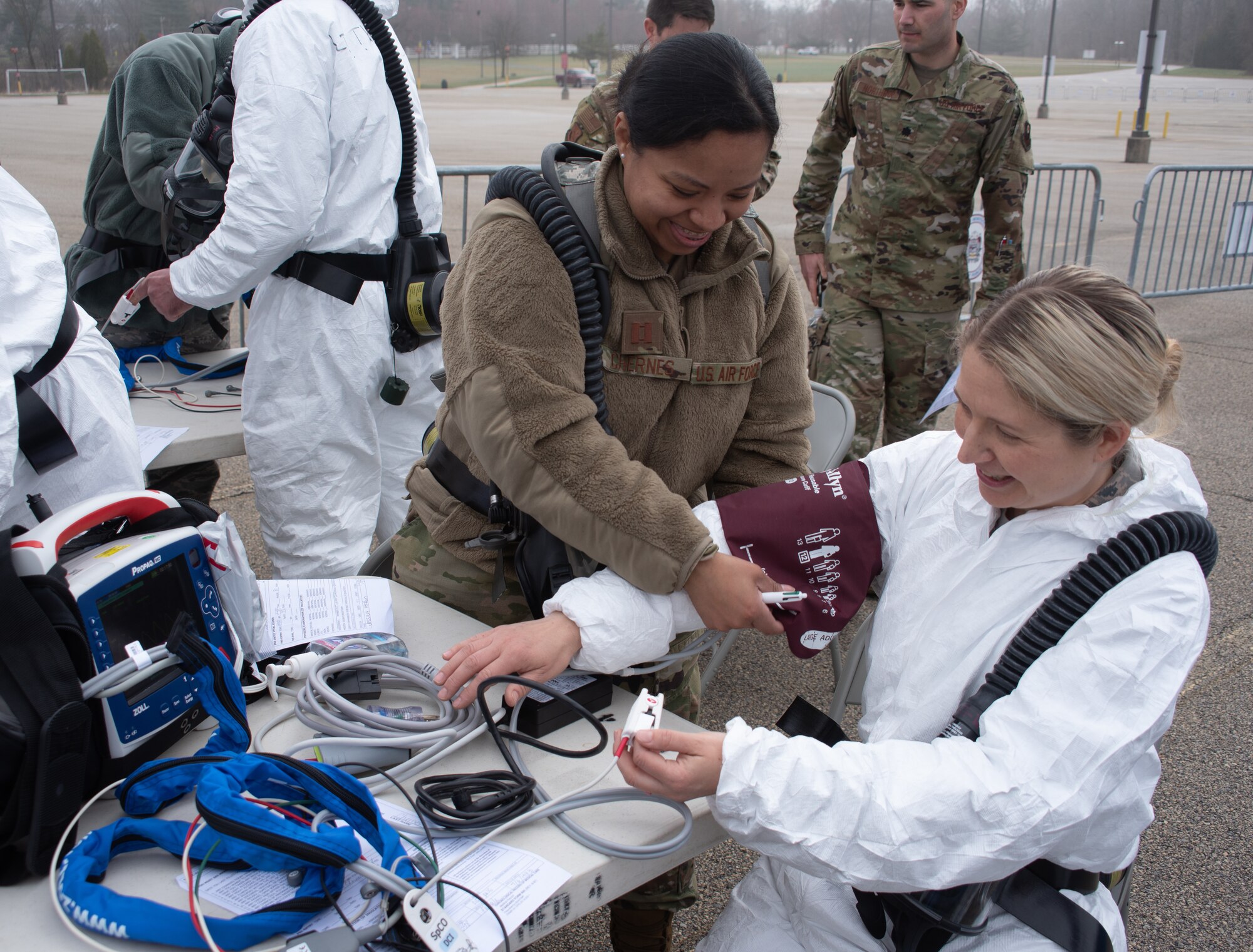 Pennsylvania Guard Members test medical equipment before Montgomery County residents arrive at a a coronavirus testing site in Upper Dublin Township on March 21, 2020. At the direction of the Pennsylvania Emergency Management Agency, approximately 80 Guard troops worked with Montgomery County Emergency Management Agency and local authorities to establish drive-through COVID-19 testing at Temple University’s Ambler Campus.