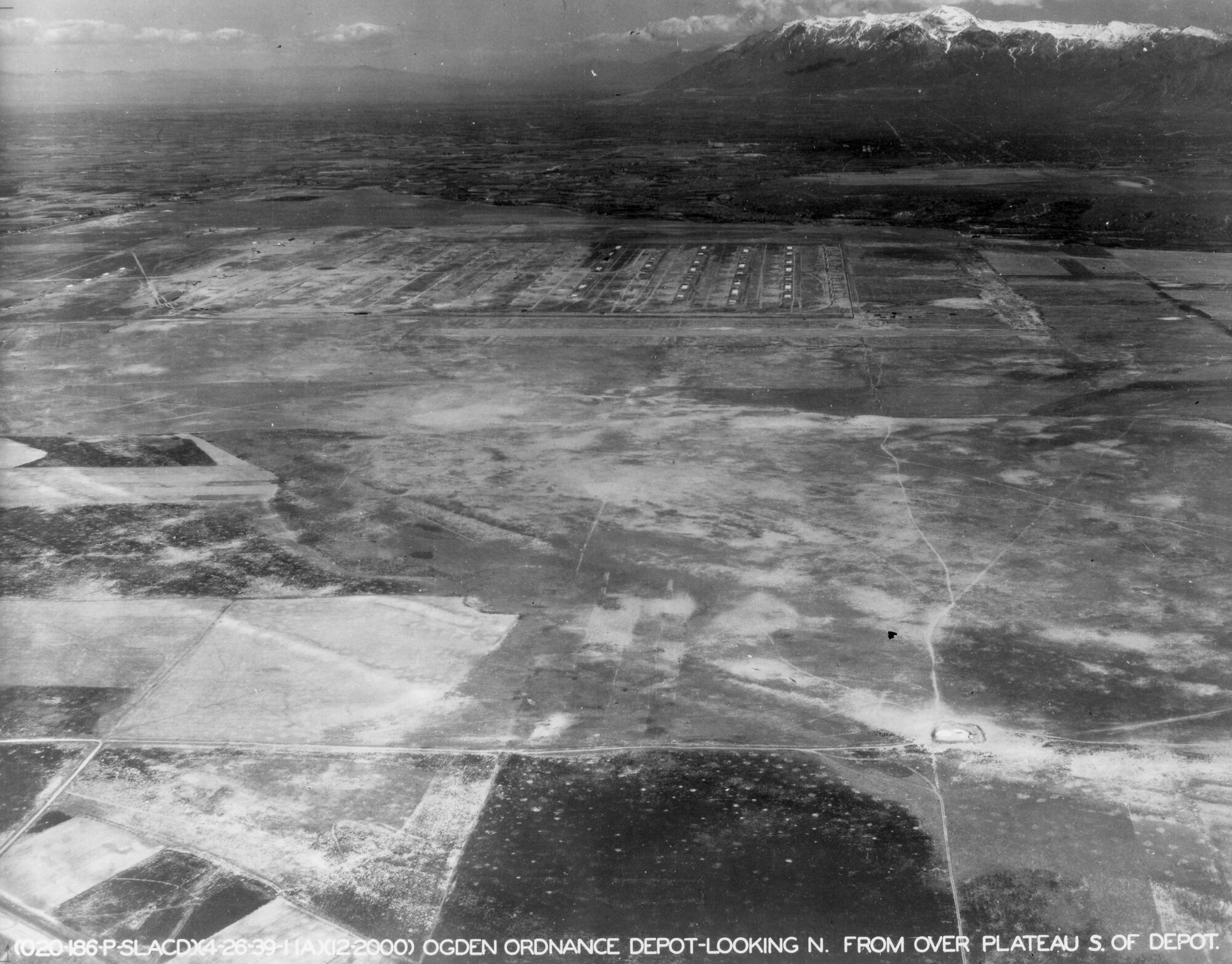 Aerial view, from the south looking north, of the Ogden Arsenal ammunition storage igloos in April 1939.