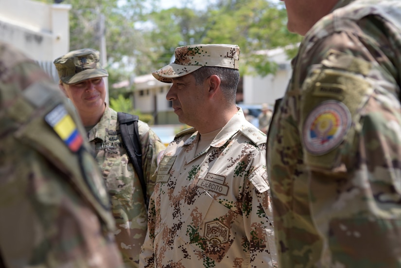 Colombian Army Maj. Gen. Hugo Lopez Barreto, senior commander for Exercise Vita, discusses exercise operations and events after the closing ceremony at Fort Buenavista, Colombia, March 17, 2020. Exercise Vita is a combined event that brought U.S. and Colombian forces together to perform humanitarian and civic-action operations. The exercise focused on reinforcing longstanding ties and enhancing participants’ overall readiness while demonstrating U.S. Southern Command’s enduring promise to the Americas. (U.S. Air Force photo by Tech. Sgt. Daniel Owen)