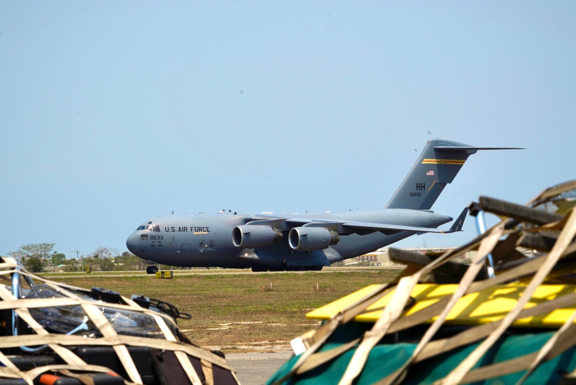 A C-17 Globemaster III from Joint Base Pearl Harbor-Hickam, Hawaii, lands at Ernesto Cortissoz International Airport in Barranquilla, Colombia, to transport deploying members of Joint Task Force-Bravo March 18, 2020. The aircraft moved personnel and supplies returning from Exercise Vita in the country’s La Guajira region. Exercise operations were suspended March 16 due in part to the novel coronavirus affecting Colombia and the region. Exercise Vita is a combined event that brought U.S. and Colombian forces together to perform humanitarian and civic-action operations. (U.S. Army photo by Sgt. Philip Ribas)