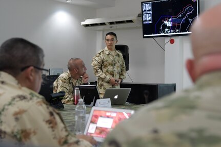 Colombian Army Capt. Steven Acero, planner for Exercise Vita, discusses exercise operations and events during a combined update brief at Fort Buenavista, Colombia, March 10, 2020. Exercise Vita brought U.S. and Colombian forces together to perform humanitarian and civic-action operations in the La Guajira region of Colombia. The exercise focused on reinforcing longstanding ties and enhancing participants’ overall readiness while demonstrating U.S. Southern Command’s enduring promise to the Americas. (U.S. Air Force photo by Tech. Sgt. Daniel Owen)