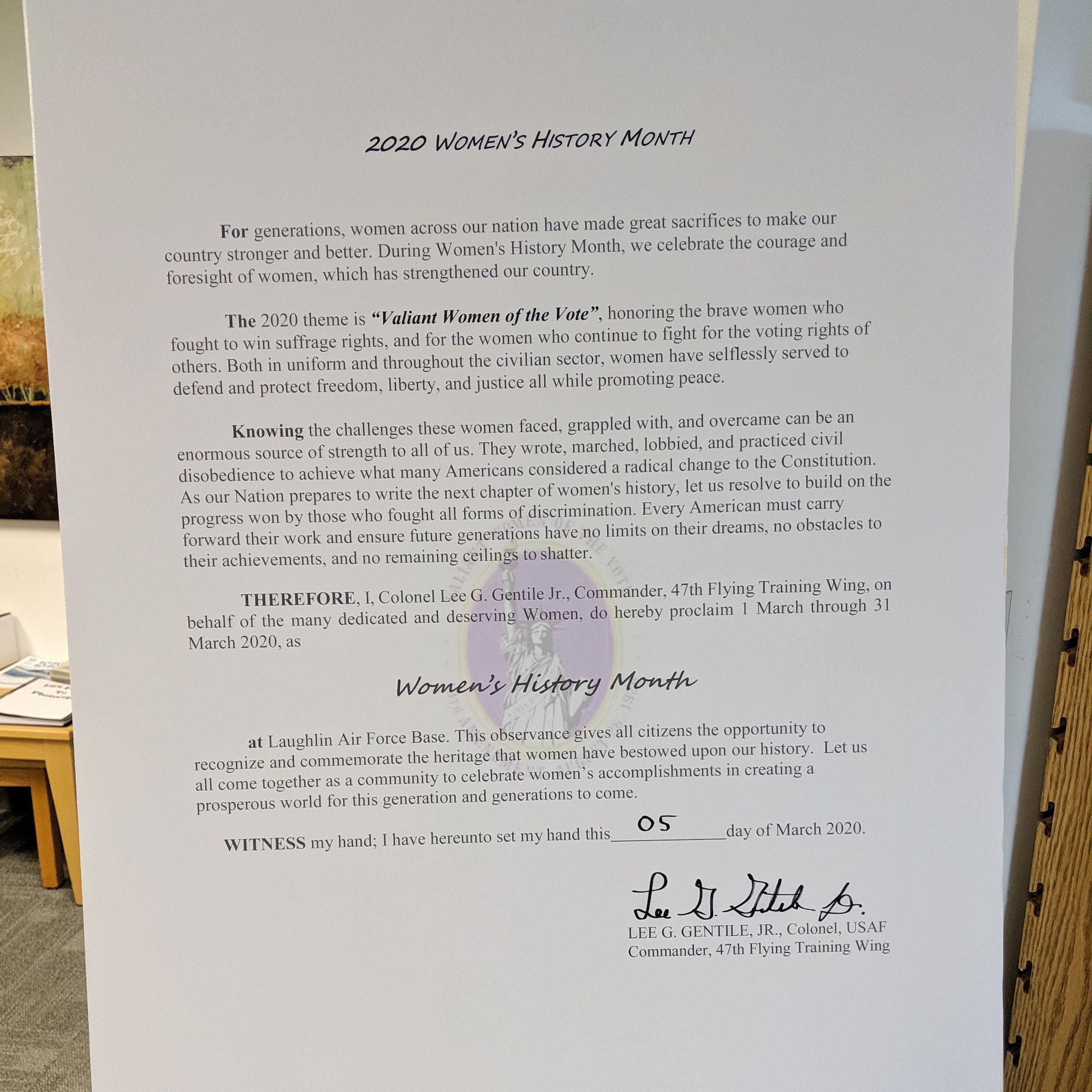 Col. Lee Gentile, 47th Flying Training Wing commander, signed a Women’s History Month proclamation, here on March 4, 2020.
Since 1995, presidents have issued a series of annual proclamations designating the month of March as “Women’s History Month.” These proclamations celebrate the contributions women have made to the United States and recognize the specific achievements women have made over the course of American history in a variety of fields. (U.S. Air Force photo by Senior Airman John A. Crawford)