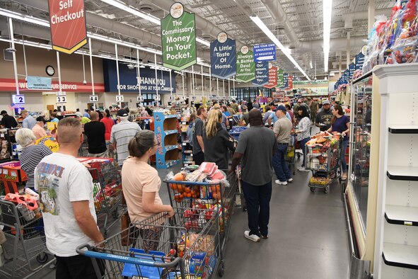 Keesler personnel fill the Commissary at Keesler Air Force Base, Mississippi, March 20, 2020. The Commissary is fully operational amid the COVID-19 outbreak and receives six shipments per week. (U.S. Air Force photo by Kemberly Groue)