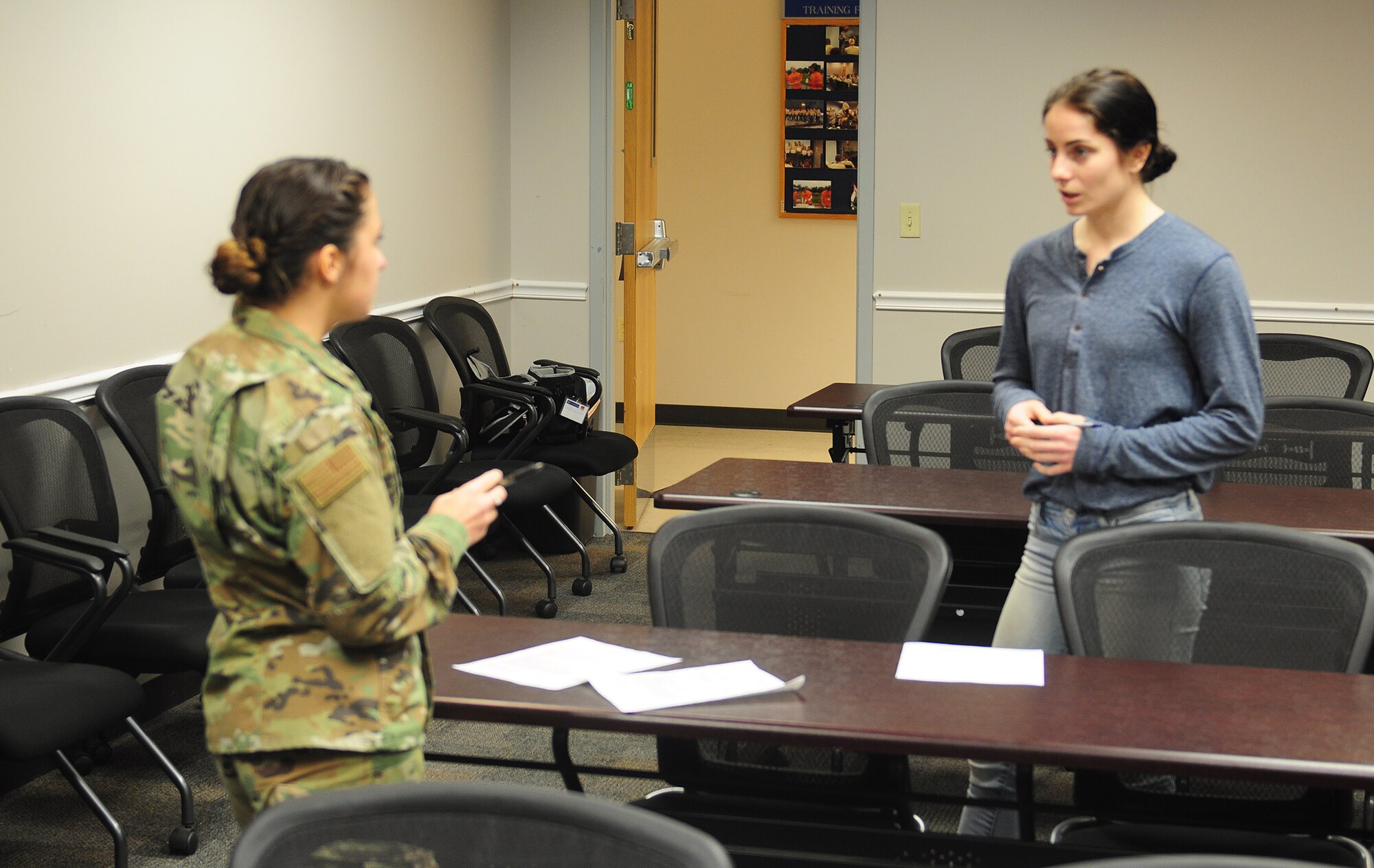 Two future 445th Airlift Wing Airmen out-processed the 445th Airlift Wing yesterday and will be headed to Air Force Basic Military Training today. After completing basic training and their applicable technical schools, Esa Edwards will be assigned to the 445th Aeromedical Evacuation Squadron and Adam Coffman will be assigned to the 445th Aircraft Maintenance Squadron. The two future Airmen were completing their out-processing paperwork with Senior Airman Chloe Van Hoose, 445th Force Support Squadron career development office.