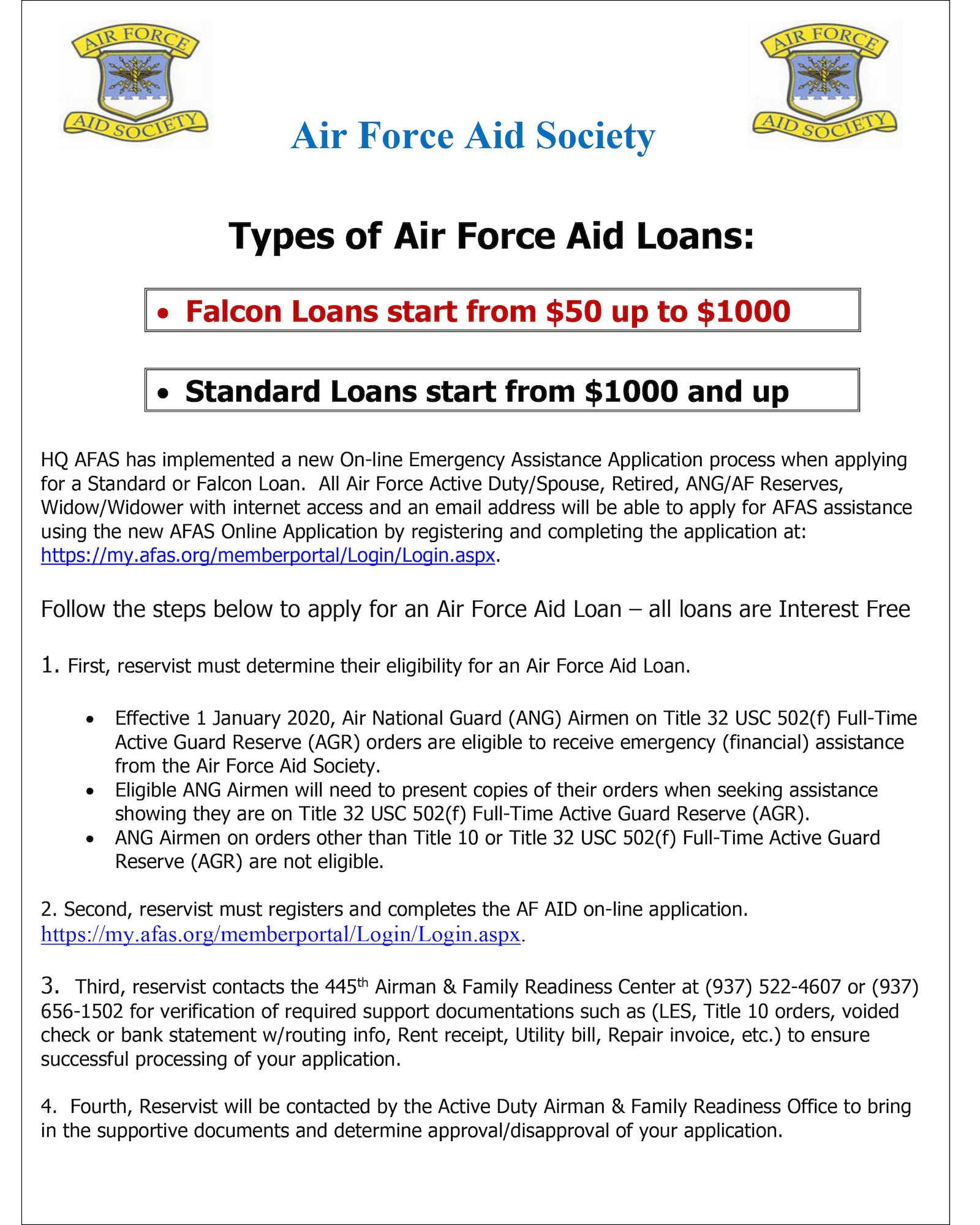 The 445th Airman and Family Readiness Center is there to help Reservists and their families. They have provided this information from the Air Force Aid Society.