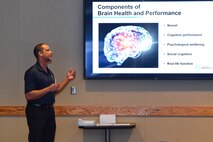 David Stargel, 711th Human Performance Wing chief scientist, gives a presentation on the components of brain health and performance during the Strategic Memory Advanced Reasoning Training at Schriever Air Force Base, Colorado, March 12, 2020. The training is the first of its kind to be hosted at a Space Force installation. (U.S. Air Force photo by Kathryn Calvert)