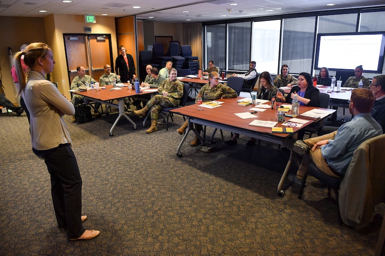 Airmen attend the Strategic Memory Advanced Reasoning Training at Schriever Air Force Base, Colorado, March 12, 2020. The training focused on three topics: Strategic attention, integrated reasoning and innovation. (U.S. Air Force photo by Kathryn Calvert)