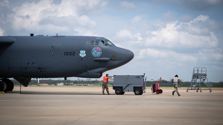 Senior Airman Colin Harding, left, and Airman 1st Class Jabari Coner, right, 2nd Aircraft Maintenance Squadron crew chiefs, prepare a B-52H Stratofortress for postflight maintenance at Barksdale Air Force Base, La., March 19, 2020. It’s the responsibility of Barksdale’s crew chiefs to coordinate all necessary maintenance in order to keep the aircraft in war fighting form. (U.S. Air Force photo by Airman 1st Class Jacob B. Wrightsman)