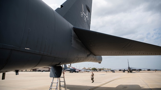 Senior Airman Colin Harding, 2nd Aircraft Maintenance Squadron crew chief, performs a postflight inspection on a B-52H Stratofortress at Barksdale Air Force Base, La., March 19, 2020. Barksdale's crew chiefs are responsible for identifying any issues that the aircraft might have sustained during its mission. (U.S. Air Force photo by Airman 1st Class Jacob B. Wrightsman)