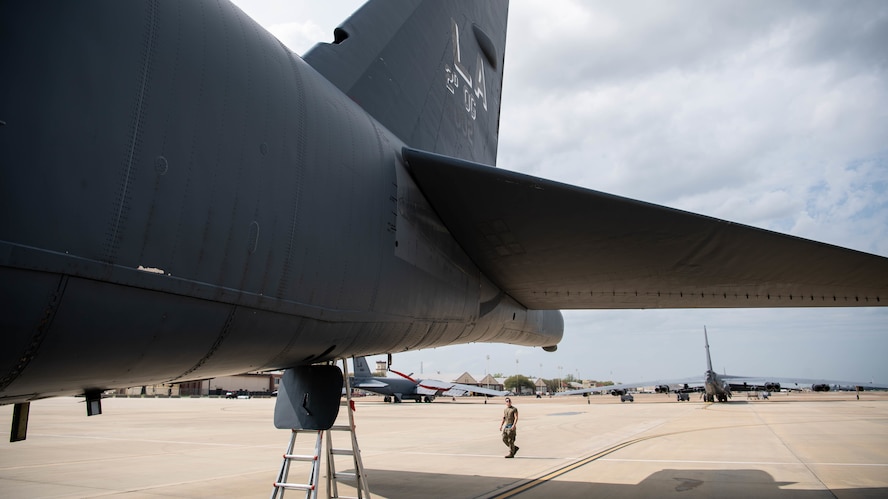 Senior Airman Colin Harding, 2nd Aircraft Maintenance Squadron crew chief, performs a postflight inspection on a B-52H Stratofortress at Barksdale Air Force Base, La., March 19, 2020. Barksdale's crew chiefs are responsible for identifying any issues that the aircraft might have sustained during its mission. (U.S. Air Force photo by Airman 1st Class Jacob B. Wrightsman)