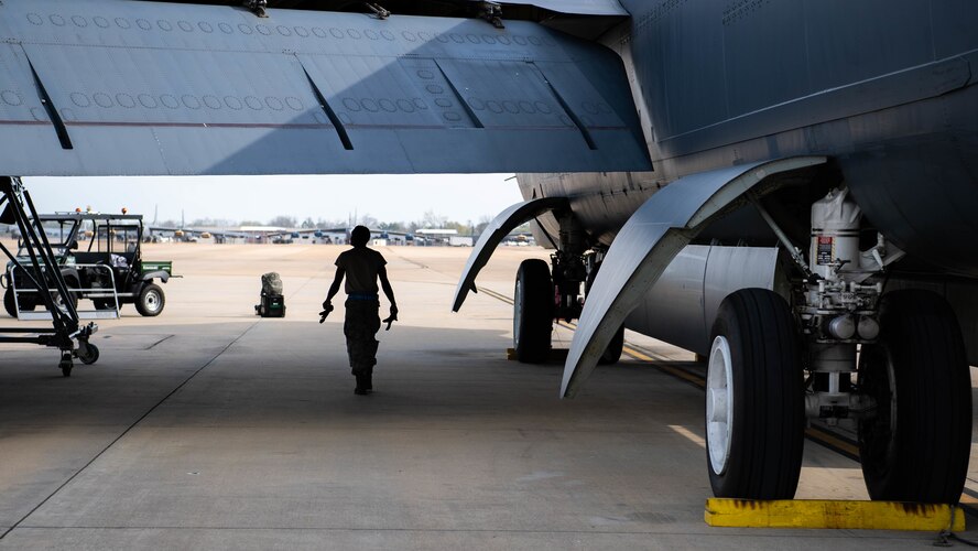 Airman 1st Class Jabari Coner, 2nd Aircraft Maintenance Squadron crew chief, performs a postflight inspection on a B-52H Stratofortress at Barksdale Air Force Base, La., March 19, 2020. Barksdale's crew chiefs are responsible for identifying any issues that the aircraft might have sustained during its mission. (U.S. Air Force photo by Airman 1st Class Jacob B. Wrightsman)