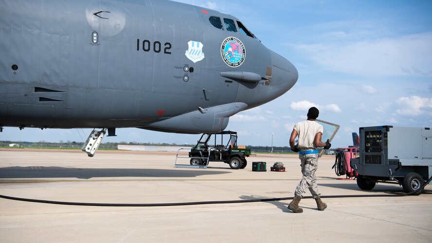 Airman 1st Class Jabari Coner, 2nd Aircraft Maintenance Squadron crew chief, performs a postflight inspection on a B-52H Stratofortress at Barksdale Air Force Base, La., March 19, 2020. It’s the responsibility of Barksdale’s crew chiefs to coordinate all necessary maintenance in order to keep the aircraft in war fighting form. (U.S. Air Force photo by Airman 1st Class Jacob B. Wrightsman)