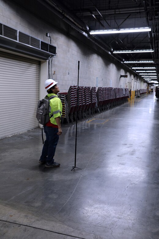 U.S. Army Corps of Engineers (USACE) Honolulu District technical survey team engineer,Ryan Nakamoto uses a 360-degree camera to record images in an access tunnel during  a site assessment of the Honolulu Convention Center. Under a FEMA planning mission assignment, the USACE team is providing initial planning and assessments for the possible conversion of existing buildings into Alternate Care Facilities (ACFs).