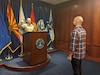 SAN DIEGO – Huntington Beach Recruiting Company Commander Capt. Jake Taeckens, podium, swears in his brother, Josh on March 19, 2020 at the San Diego Military Entrance and Processing Facility, while maintaining safe social distance. The Taeckens’ became brothers-in-arms during one of the final days of San Diego MEPS operations, prior to U.S. Army Recruiters switching to all-online recruiting efforts. For more information on Army Careers available during the COVID-19 outbreak, text: ALA0 to GOARMY (462769).