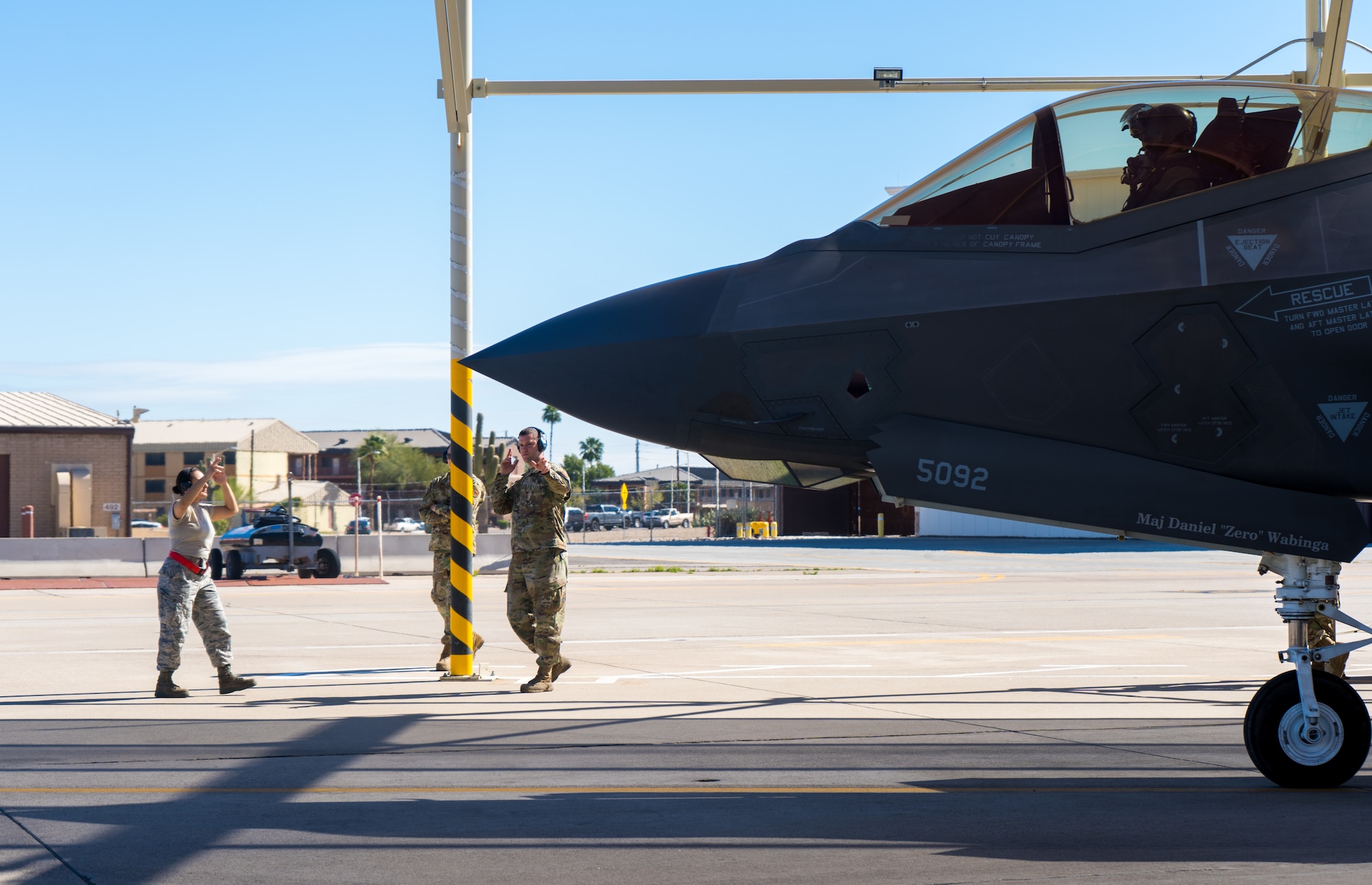 Maintainers from the 62nd Aircraft Maintenance Unit launch an F-35A Lightning II, March 23, 2020, at Luke Air Force Base, Ariz.