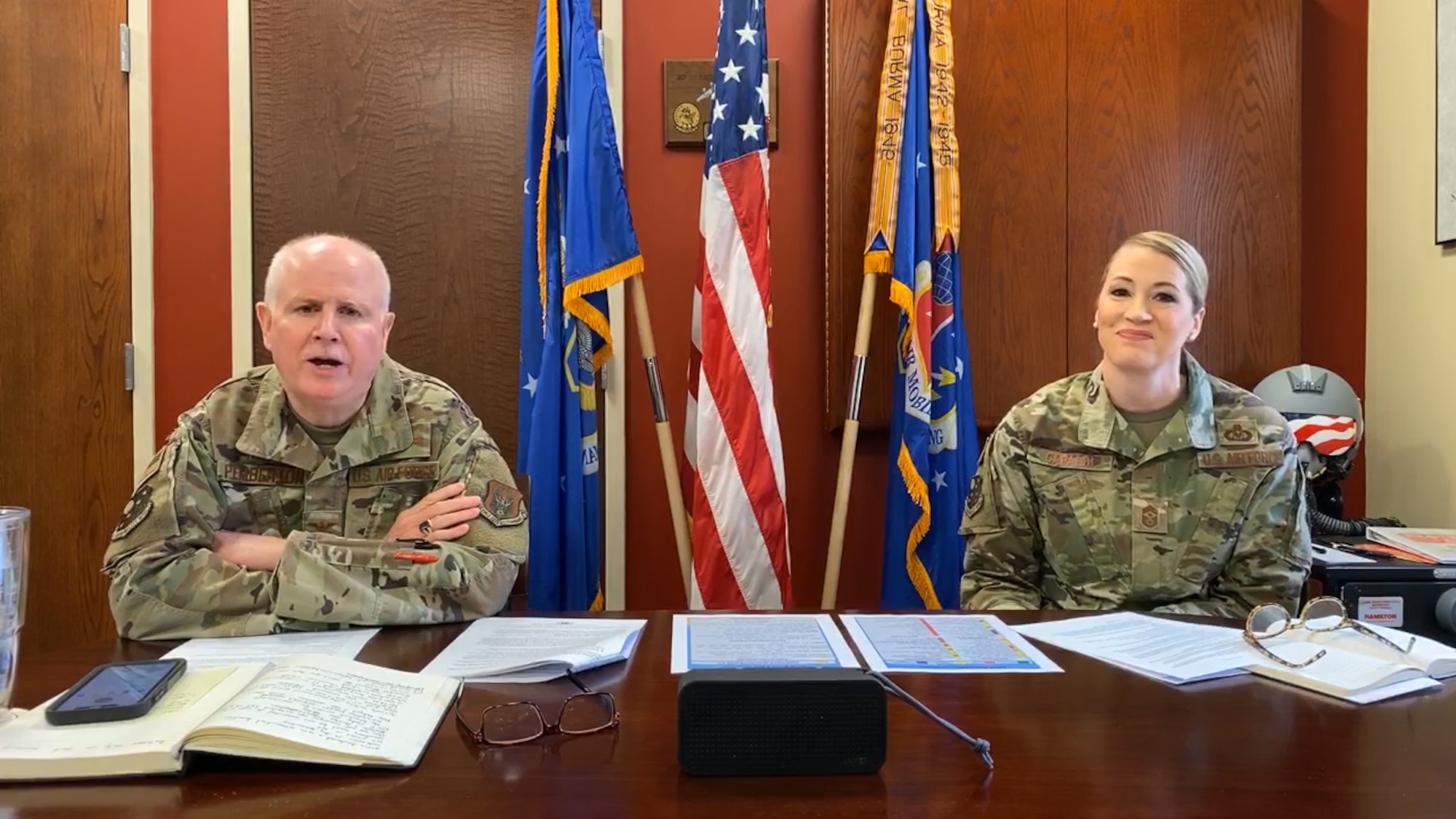 Col. Thomas O. Pemberton, 514th Air Mobility Wing commander, conducted a Facebook Live event on Sunday, March 24, 2020, which counted as credit for an hour of the UTA.  He gathered his command chief, group commanders and a few subject matter experts who answered questions.