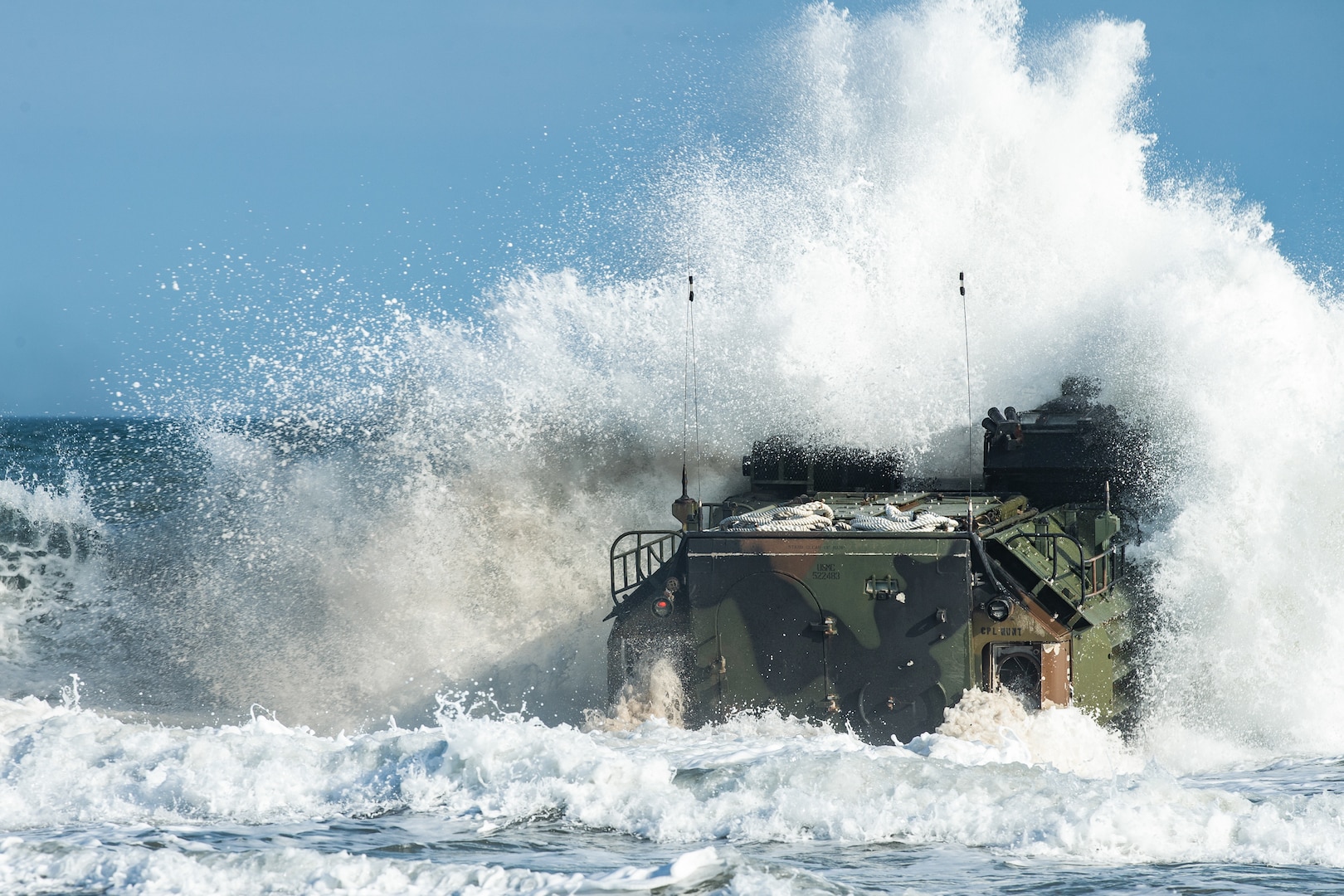 U.S. Marines with 3rd Platoon, Bravo Company, 2d Assault Amphibian Battalion conduct a ship-to-shore event at Camp Lejeune, N.C., March 19, 2020. The annual training requirement was used to maintain and improve the unit’s readiness and proficiency while conducting amphibious operations. (U.S. Marine Corps photo by Lance Cpl. Patrick King)