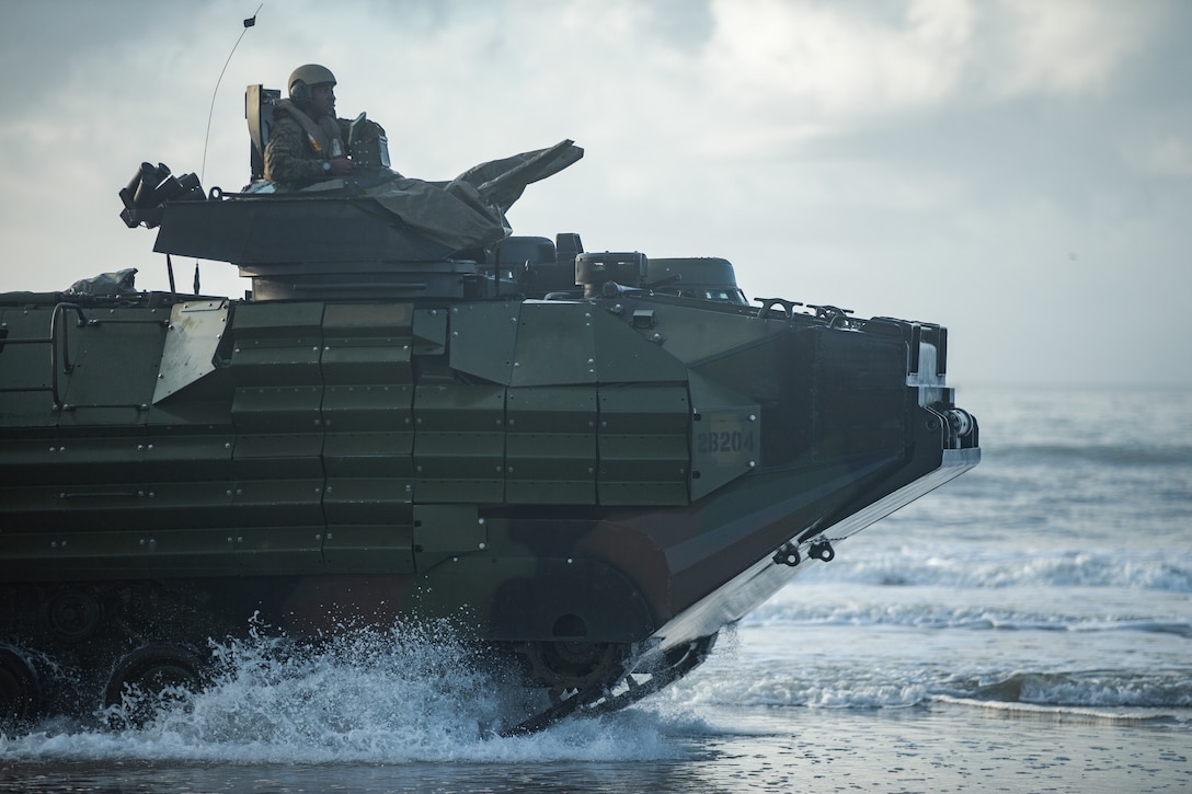 U.S. Marines with 3rd Platoon, Bravo Company, 2d Assault Amphibian Battalion, conduct a ship-to-shore event at Camp Lejeune, N.C., March 20, 2020. The annual training requirement was used to maintain and improve the unit’s readiness and proficiency while conducting amphibious operations. (U.S. Marine Corps photo by Lance Cpl. Patrick King)