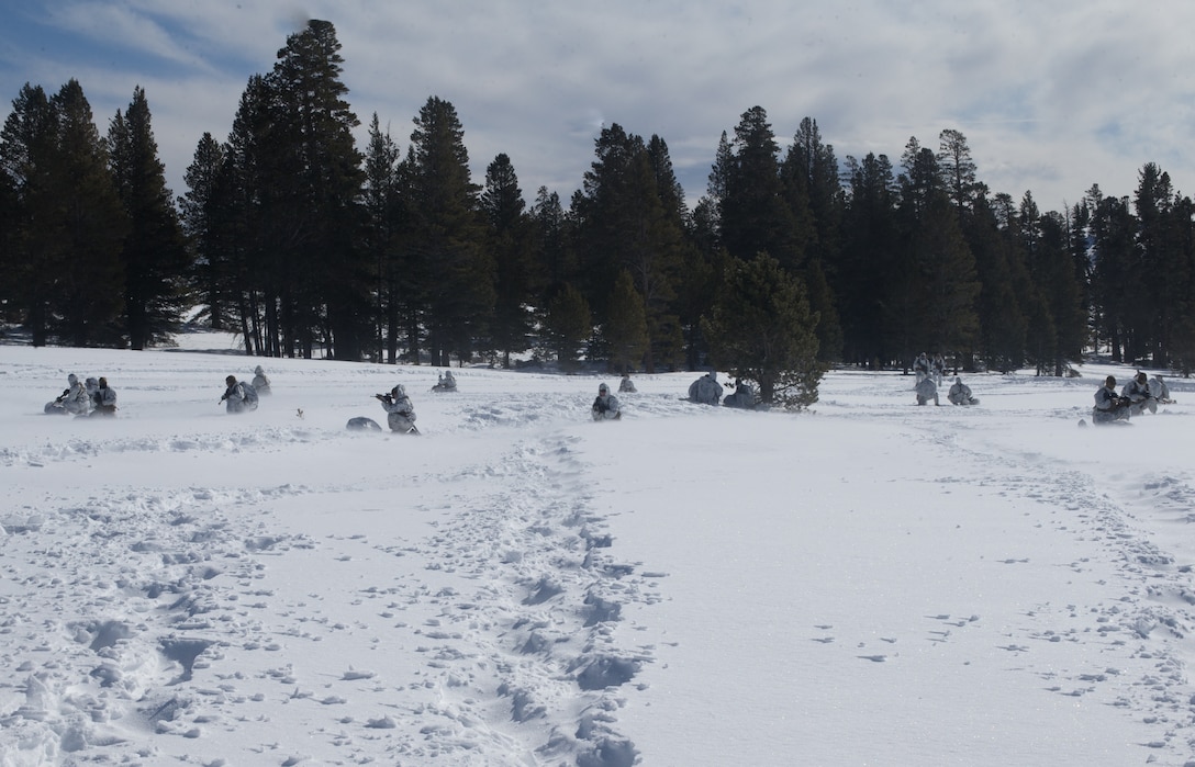 U.S. Marines with 3rd Battalion, 6th Marine Regiment, 2nd Marine Division conduct platoon patrols at Marine Corps Mountain Warfare Training Center, Bridgeport, Calif., Jan. 27, 2020. V36 conducted Mountain Exercise 2-20 at MCMWTC to further their familiarization and warfighting capabilities in cold, mountainous terrain. (U.S. Marine Corps photo by Lance Cpl. Jacqueline Parsons)