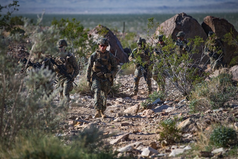 U.S. Marines with 3rd Battalion, 6th Marine Regiment, 2nd Marine Division conduct a live-fire maneuver training event at Range 400 in Marine Corps Air-Ground Combat Center, Twentynine Palms, Calif., March 3, 2020. V36 conducted several live-fire training events at MCAGCC which gave all personnel realistic training in combat scenarios. (U.S. Marine Corps photo by Lance Cpl. Jacqueline Parsons)