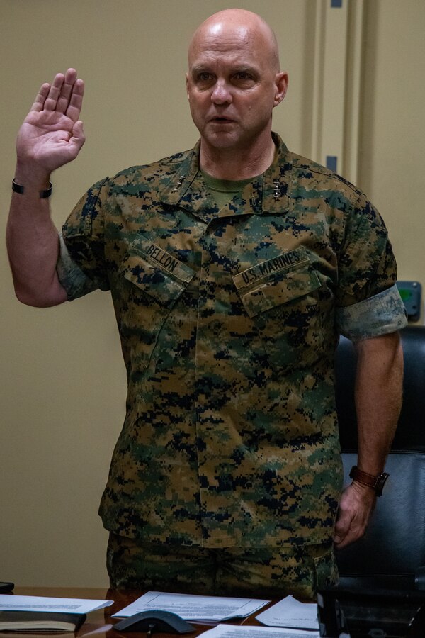 U.S. Marine Corps Lt. Gen. David G. Bellon, commander of Marine Forces Reserve and Marine Forces North, leads the oath for the promotion of Brig. Gen. Micheal S. Martin to the rank of major general on March 24, 2020 at Marine Corps Support Facility New Orleans. Maj. Gen. Martin, the current commanding general of 4th Marine Division, was in his home in Southwick, Massachusetts, and was promoted over the phone due to the COVID-19 travel restrictions and safety measures. MARFORRES and MARFORNORTH are safely continuing their support efforts to the total force during this time. (U.S. Marine Corps Photo by Lance Cpl. Samwel Tabancay)