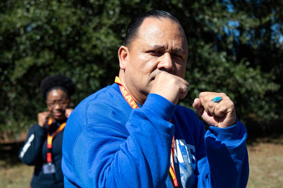 Ricardo Padilla, a trustee from theEl Monte Union High School District, participates in a Marine Corps Martial Arts demonstration during Educators Workshop, aboard Marine Corps Recruit Depot (MCRD) Parris Island, S.C., February 27, 2020. The participants visited MCRD Parris Island for a four-day period to observe recruit training and gain a better understanding of how recruits are transformed into Marines. (U.S Marine Corps photo by Sgt. Autmn S. Laning)