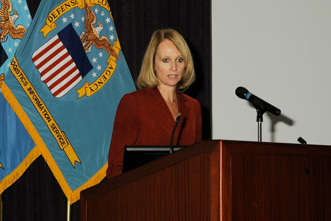 Deborah Greger, the first civilian to lead the Defense Logistics Information Service, addresses the workforce at a November 2012 gathering.