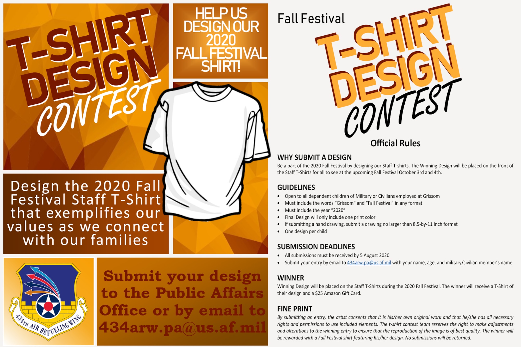 The wing is currently accepting designs for the 2020 Fall Festival staff t-shirts. The winning design will be placed on the front of the staff t-shirts for all to see at the upcoming Fall Festival October 3-4, 2020. (U.S. Air Force graphic/Master Sgt. Ben Mota)