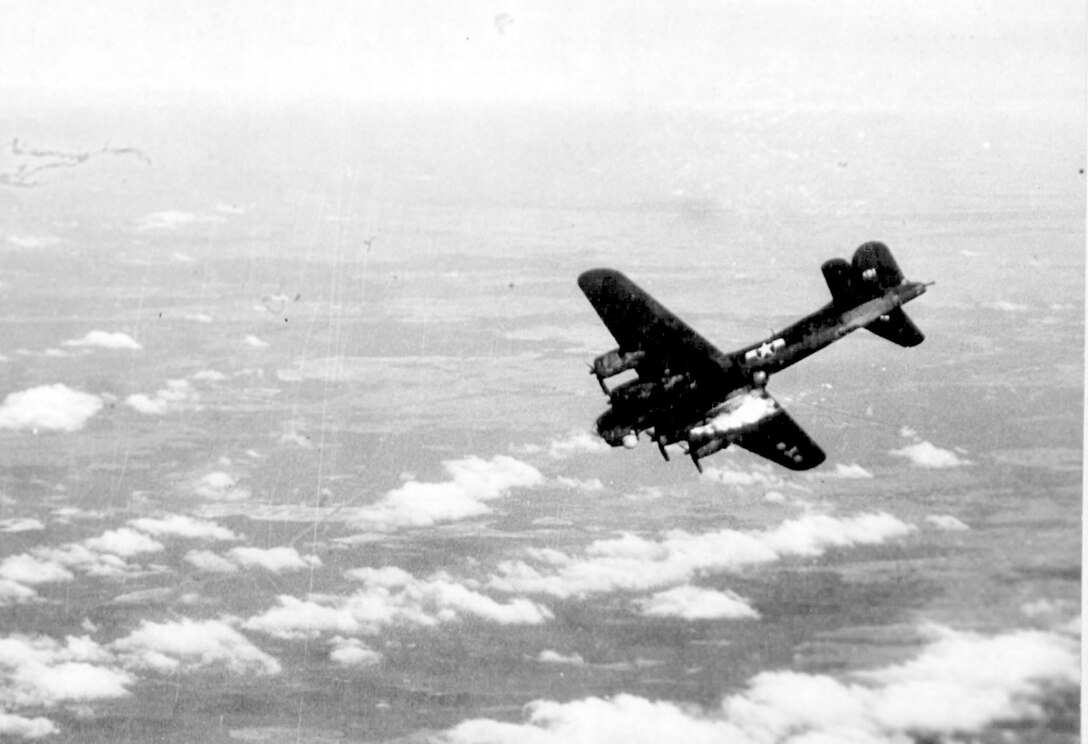 A B-17 Flying Fortress nicknamed "Chopstick - G. George" of the 482nd Bomb Group goes down in flames over Berlin after being hit by flak in the right fuel tanks,  March 6, 1944. U.S. Army Air Forces Capt. John C. Morgan, 482nd BG B-17 pilot, was taken as a Prisoner of War (POW) and held in Stalag Luft I for 14 months. (Courtesy photo)