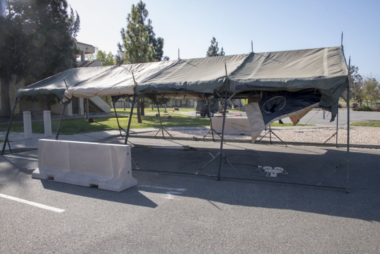 Tents set up at Travis Air Force Base.