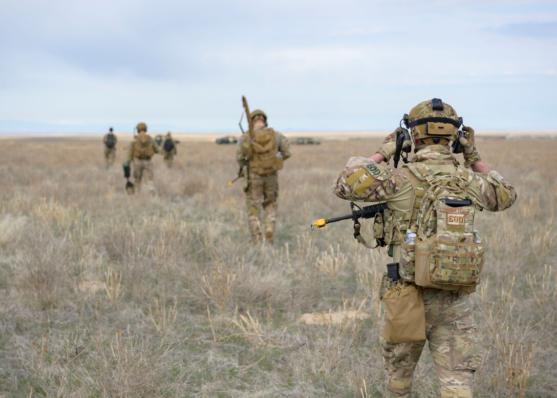 Senior Airman Joseph Quarello, 366th Civil Engineer Squadron explosives ordinance disposal technician and his team conduct a training exercise, 20 march, 2020, at Mountain Home Air Force Base, Idaho. This training was used to allow the 366 CES EOD to hone in their skills needs for deployment. (U.S. Air Force photo by Senior Airman Tyrell Hall)