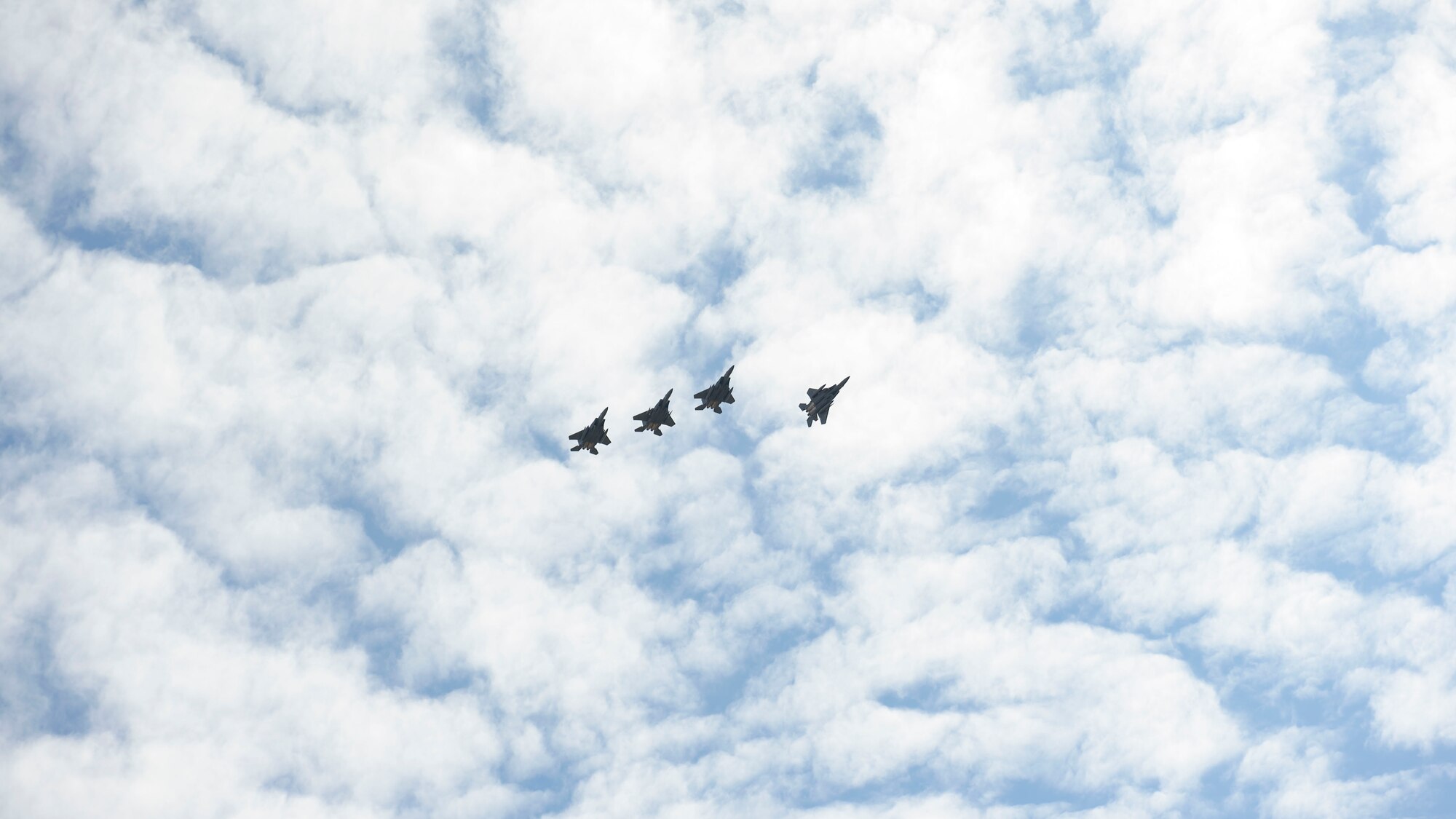 F-15E Strike Eagles from Mountain Home Air Force Base fly over the base during a training sortie, March 19, 2020. The F-15E is the primary airframe at MHAFB and is assigned to the 391st and 389th Fighter Squadrons. (U.S. Air Force photo by Senior Airman Tyrell Hall)
